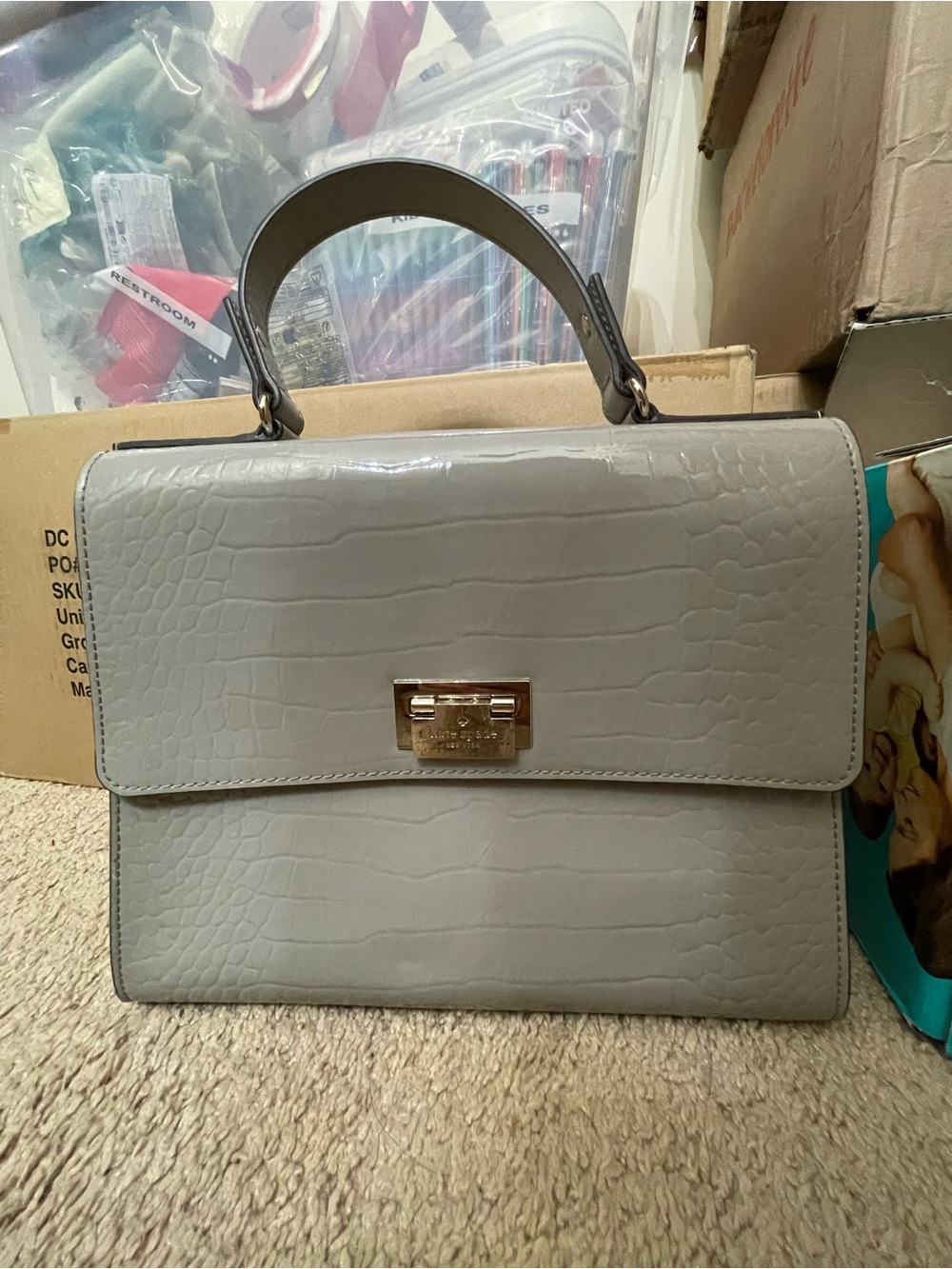 kate spade Croc-Embossed Top Handle Satchel in Light Gray